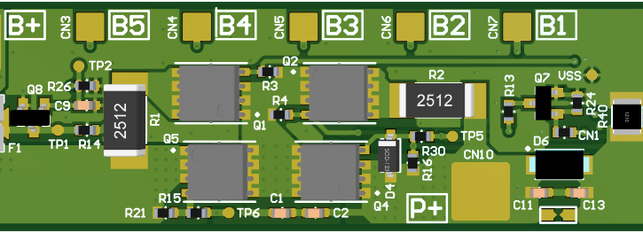 A section of a printed circuit board with wide traces that help dissipate the heat generated by the converters.