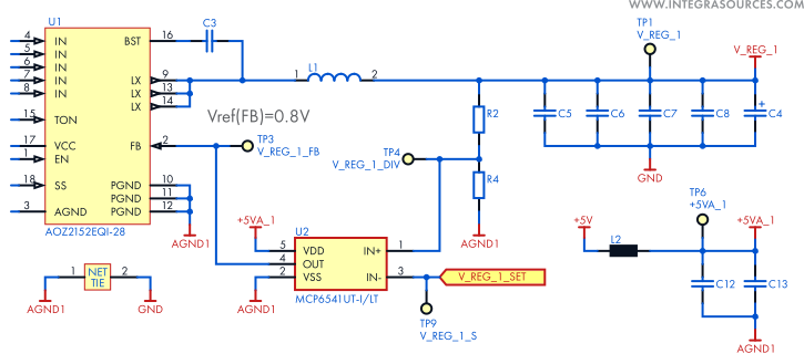 A schematic of a DC-DC converter that uses a number of capacitors and a ferrite bead to protect a sub-circuit from EMI.