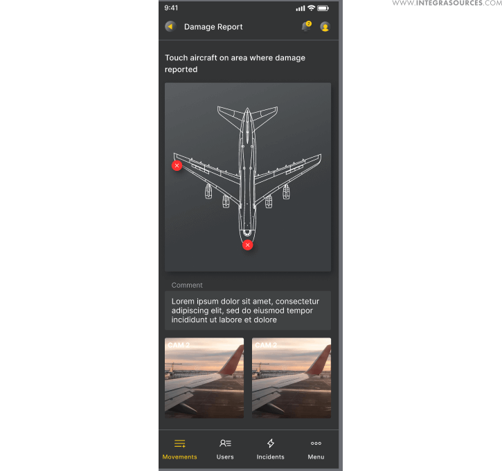 Preliminary design of the aircraft damage report page.