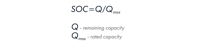 The SOC is the ratio of the remaining capacity to the rated or maximum capacity specified by the manufacturer.