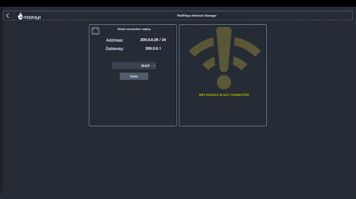 The GUI of the Network Manager that allows one to configure the network settings of the Red Pitaya device.