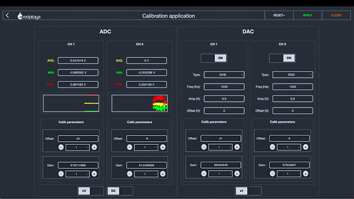 The GUI of the calibration app for configuring the measurement applications of the Red Pitaya device.