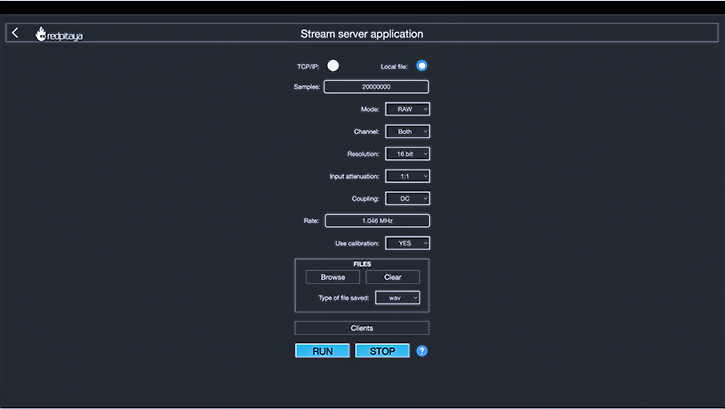 The GUI of the Red Pitaya streaming application