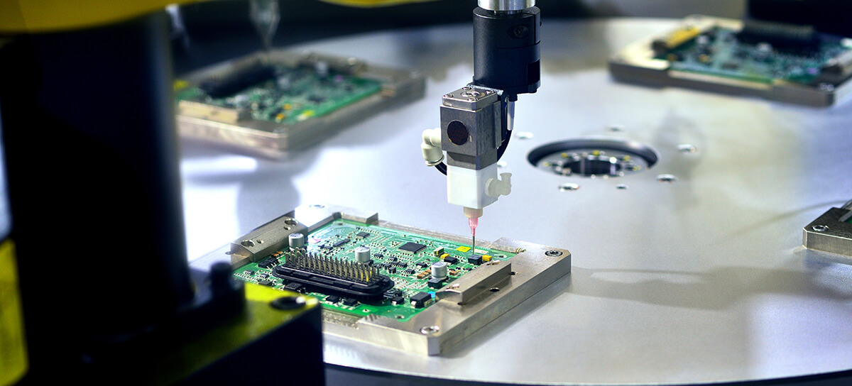 A production line manufacturing electronics.