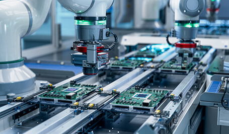 A production line manufacturing printed circuit boards.