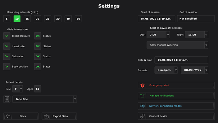 The settings menu of a mobile app created by Integra Sources for the wearable blood pressure monitor project.