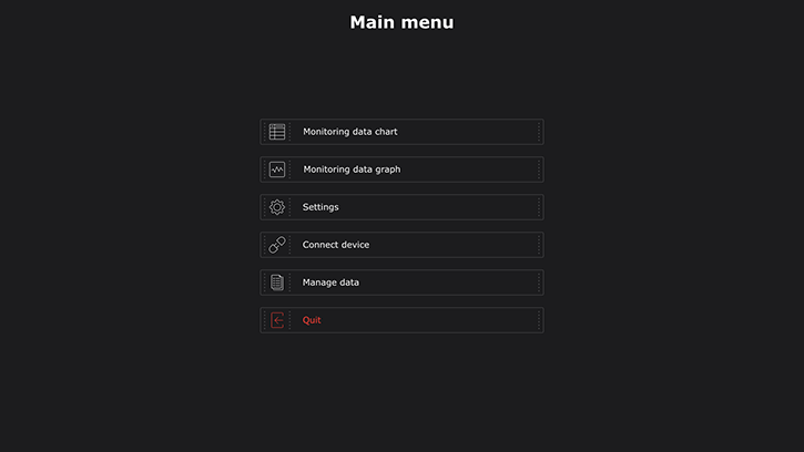 Main menu of a mobile app created by Integra Sources for the wearable blood pressure monitor project.