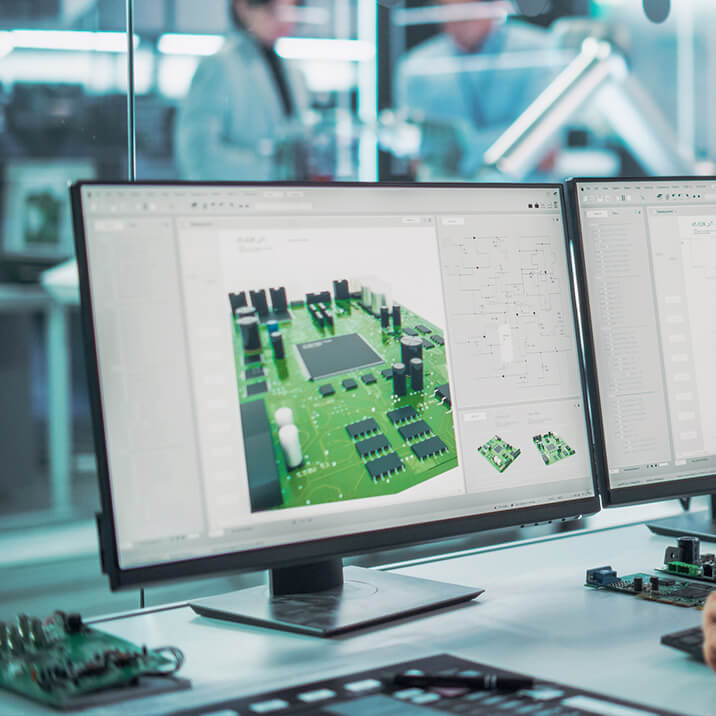 A computer monitor with a 3D model of a PCB on the screen.