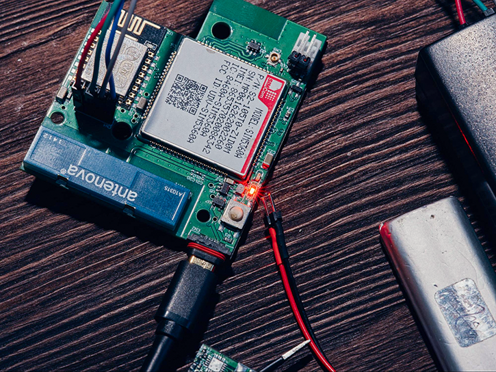 A printed circuit board for an industrial device used for tracking people in the mining industry and developed by Integra Sources.