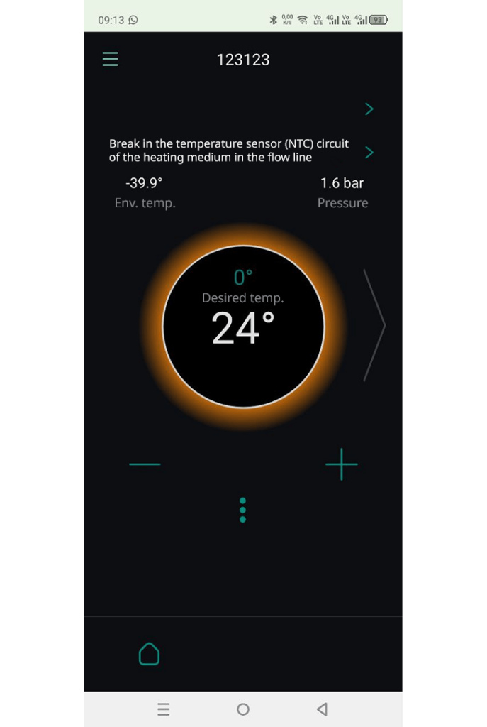 Prototype of the main screen of the heating equipment management application.