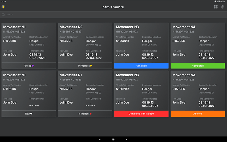 The app’s movement section displays the current status of tasks at a particular point in time.