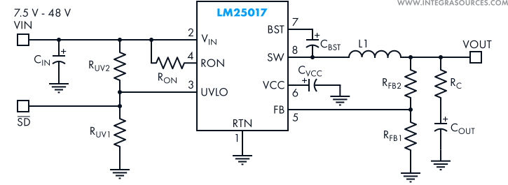 The typical application scheme of the LM25017 DC-DC converter.