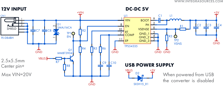 A TPS54335 switching DC-to-DC converter used in a circuit to convert 12V into 5V.