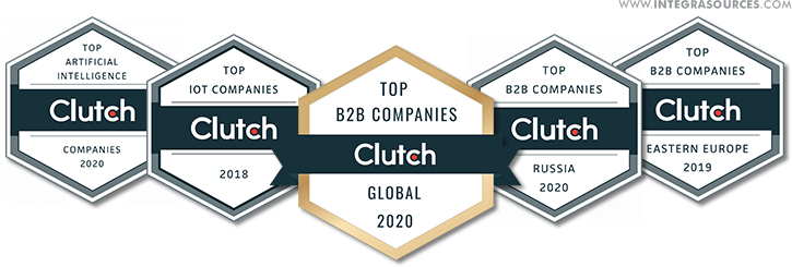 The emblems of five Clutch awards won by Integra Sources.