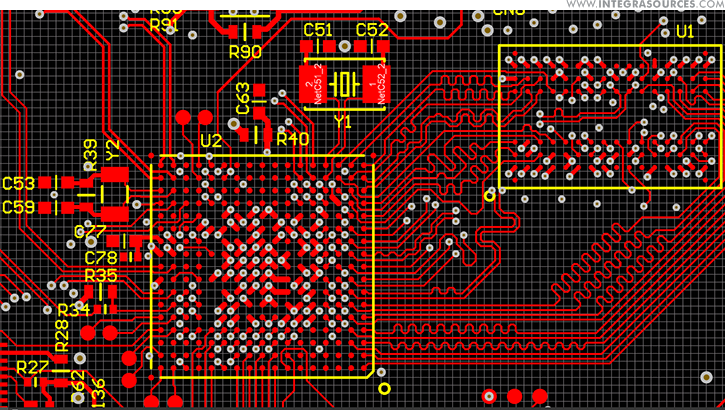 The layout of a PCB with a 32-bit ARM SoC.