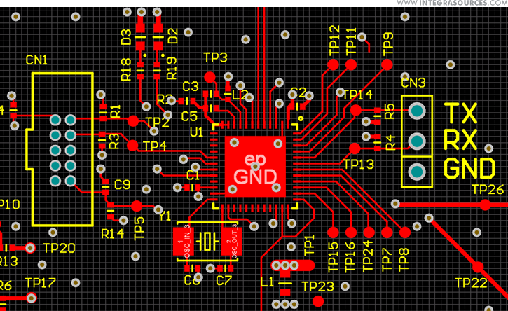 The layout of a PCB with an 8-bit MCU.