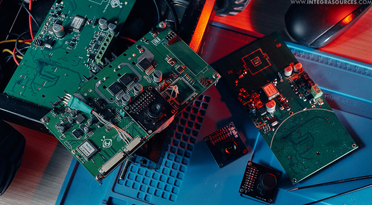 Three printed circuit boards lying on a table.