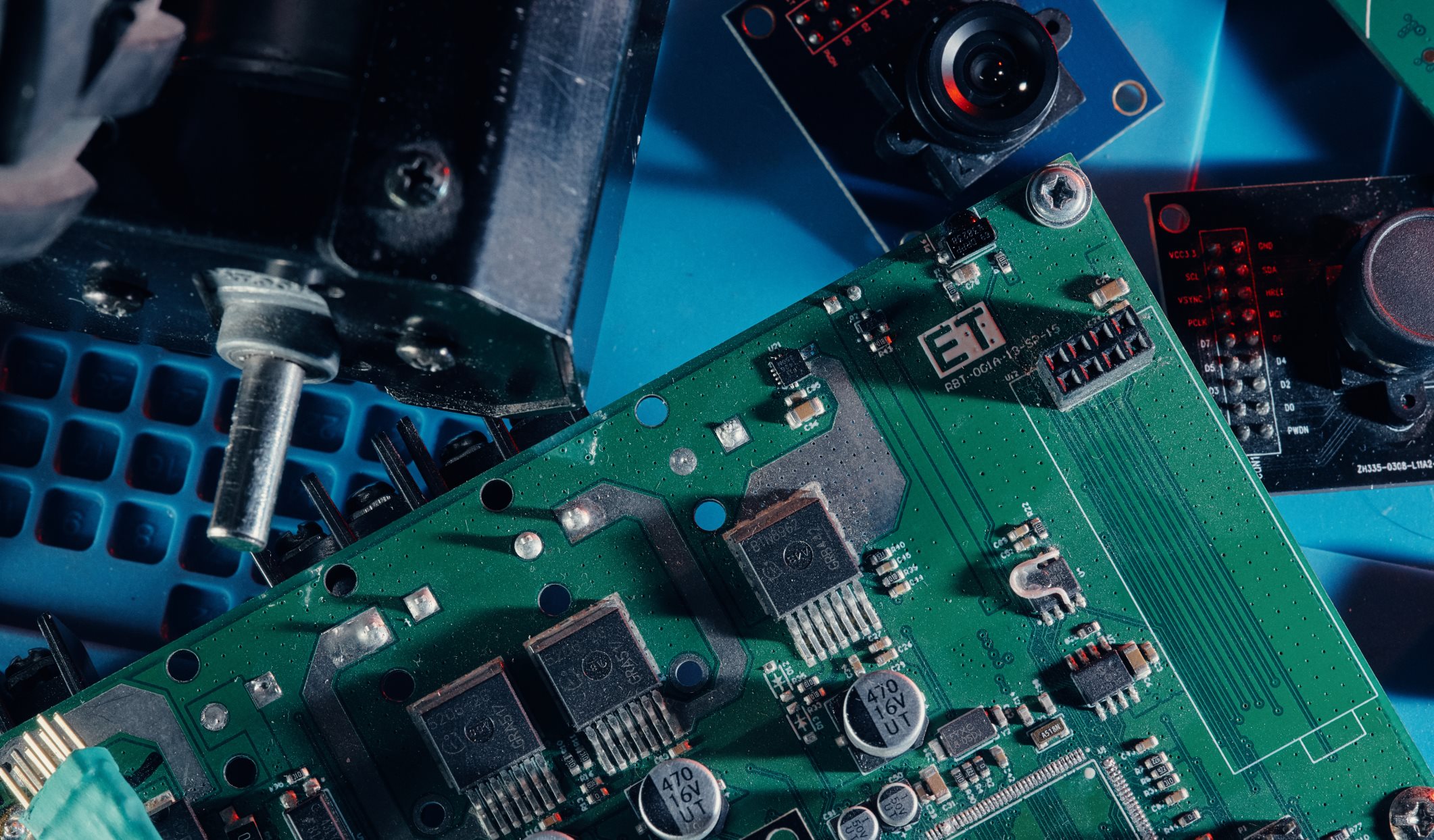 Components of the robotic lawn mower, including the main circuit board