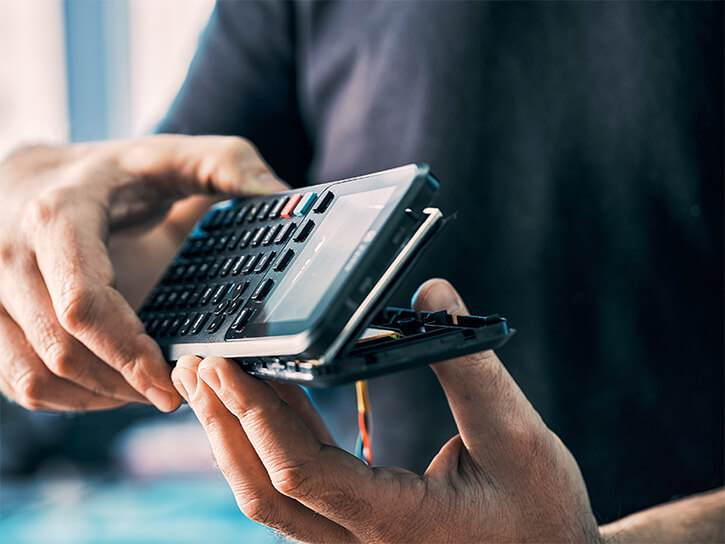 An Integra Sources engineer is opening the case of a graphic calculator developed by the company.