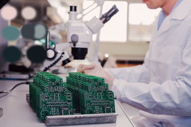 A circuit board is inspected by an expert with the help of a microscope