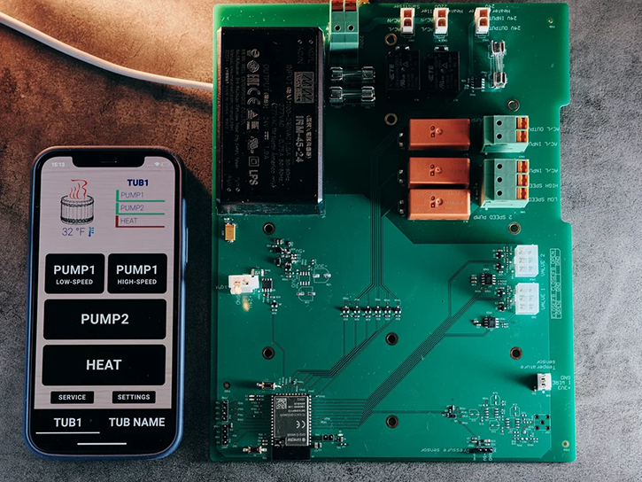 PCB of the control unit and a mobile application to control the hot tub and see its settings