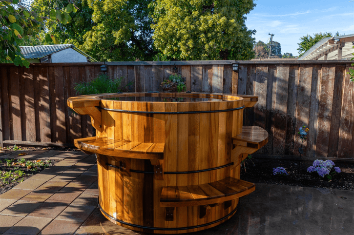 Wooden hot tub in the backyard