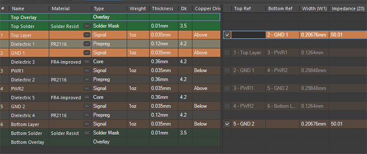 Screenshot of Altium Designer showing the tool for automatic track impedance and width calculation.