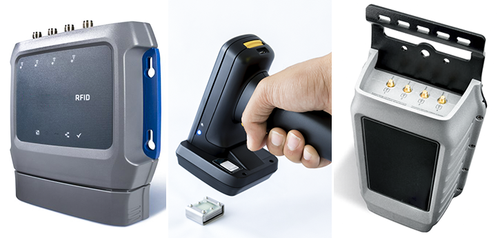 A collage of pictures showing three types of RFID and NFC readers: handheld, fixed, and vehicle-mounted.