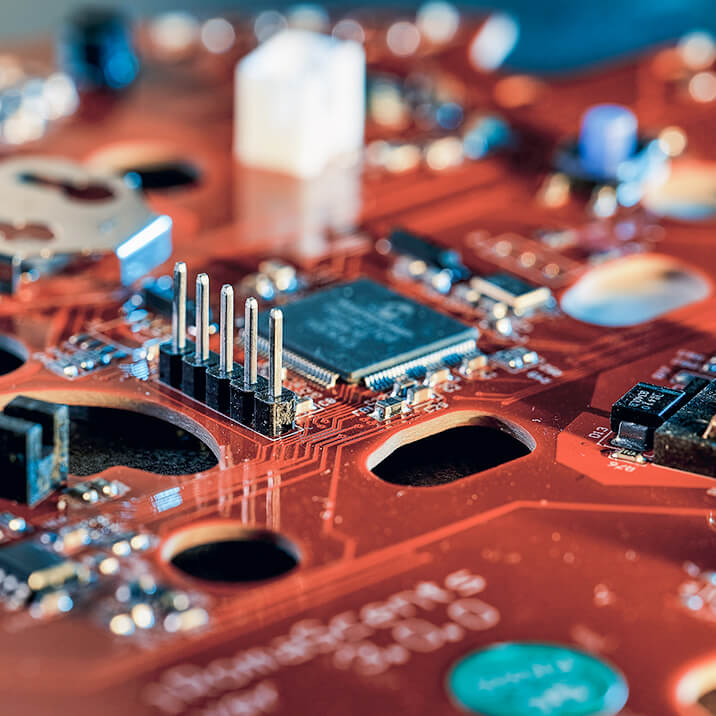 Printed circuit boards inside an embedded device.